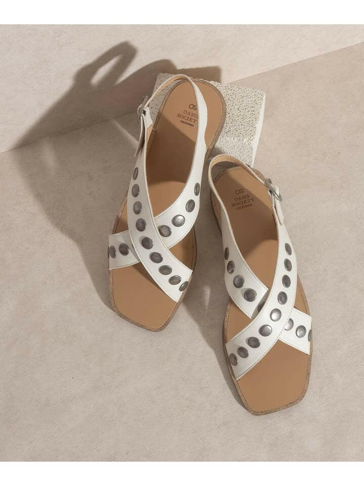 The Kylie White | Studded Cross Band Sandal-Sandals-Krush Kandy, Women's Online Fashion Boutique Located in Phoenix, Arizona (Scottsdale Area)