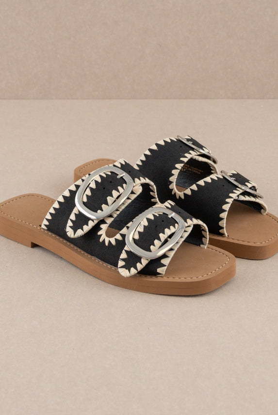 Francess Black Slide | Fun Double Buckle Sandal-Sandals-Krush Kandy, Women's Online Fashion Boutique Located in Phoenix, Arizona (Scottsdale Area)