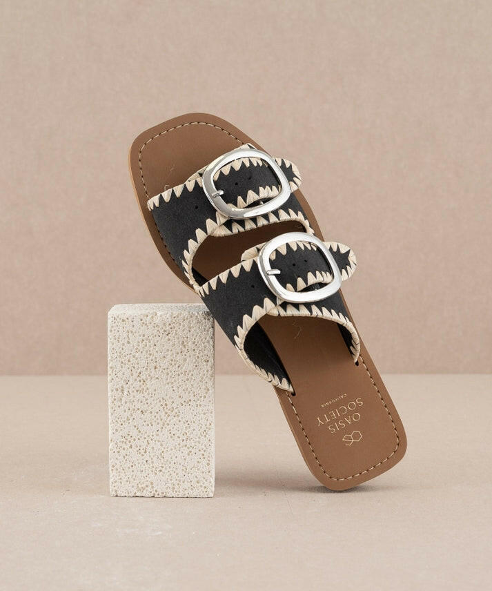 Francess Black Slide | Fun Double Buckle Sandal-Sandals-Krush Kandy, Women's Online Fashion Boutique Located in Phoenix, Arizona (Scottsdale Area)