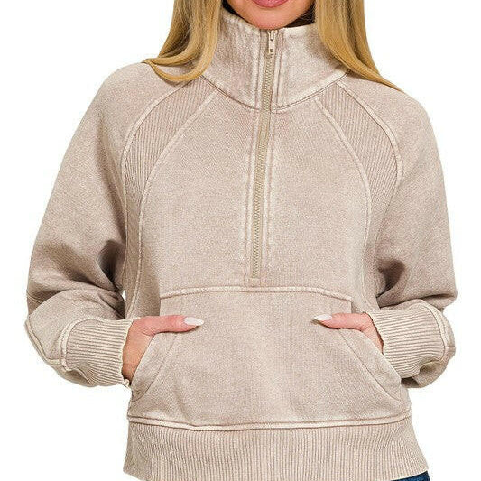 Acid Wash Half Zip Pullover-Sweatshirts-Krush Kandy, Women's Online Fashion Boutique Located in Phoenix, Arizona (Scottsdale Area)