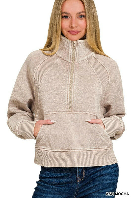Acid Wash Half Zip Pullover-Sweatshirts-Krush Kandy, Women's Online Fashion Boutique Located in Phoenix, Arizona (Scottsdale Area)