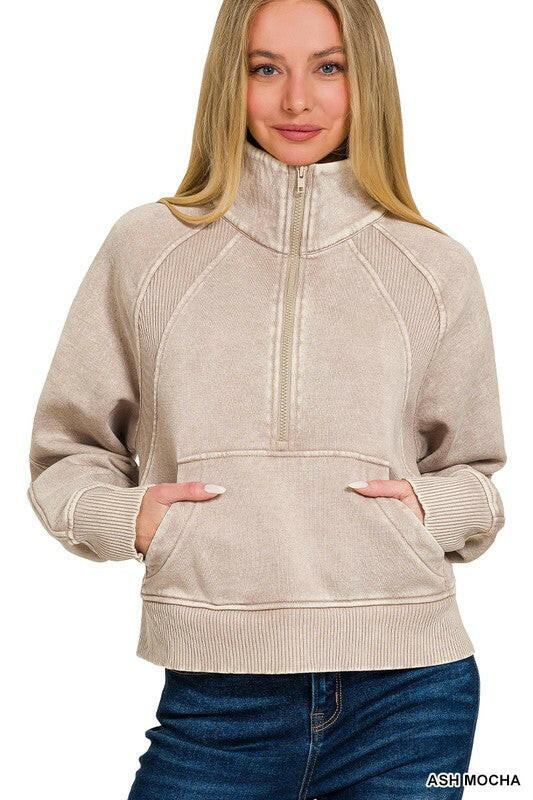Acid Wash Half Zip Pullover-Sweatshirts-Krush Kandy, Women's Online Fashion Boutique Located in Phoenix, Arizona (Scottsdale Area)