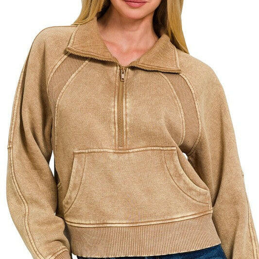 Acid Wash Half Zip Pullover-Sweatshirts-Krush Kandy, Women's Online Fashion Boutique Located in Phoenix, Arizona (Scottsdale Area)