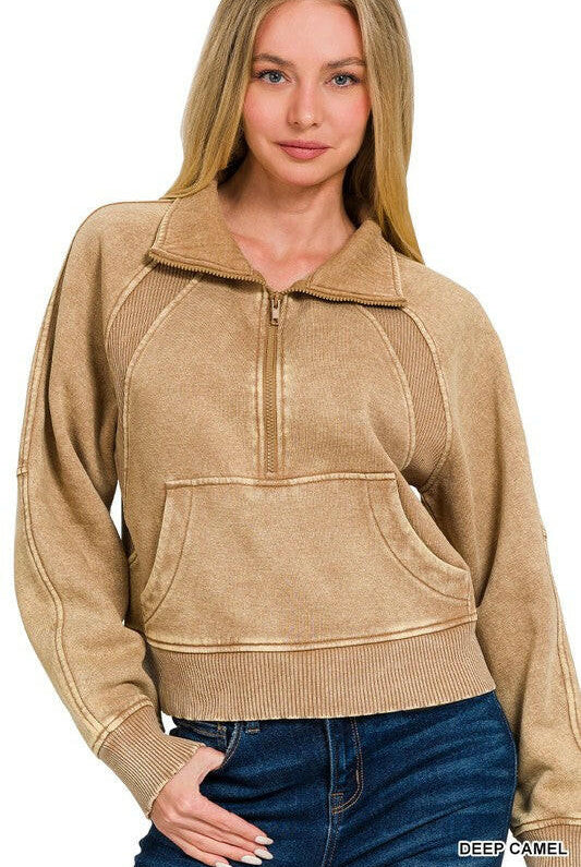 Acid Wash Half Zip Pullover-Sweatshirts-Krush Kandy, Women's Online Fashion Boutique Located in Phoenix, Arizona (Scottsdale Area)
