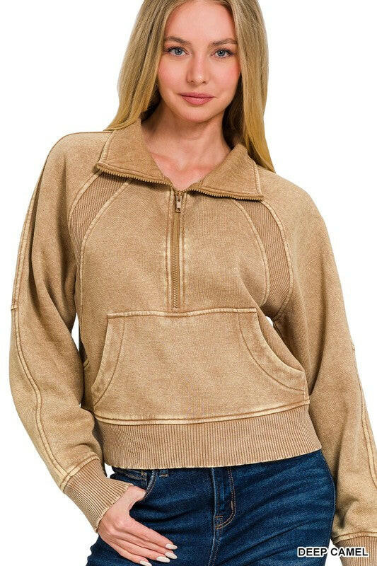 Acid Wash Half Zip Pullover-Sweatshirts-Krush Kandy, Women's Online Fashion Boutique Located in Phoenix, Arizona (Scottsdale Area)