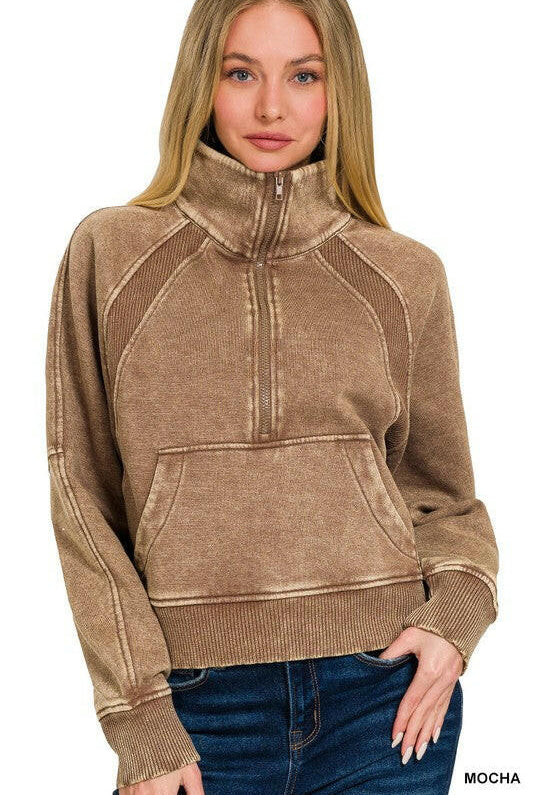 Acid Wash Half Zip Pullover-Sweatshirts-Krush Kandy, Women's Online Fashion Boutique Located in Phoenix, Arizona (Scottsdale Area)