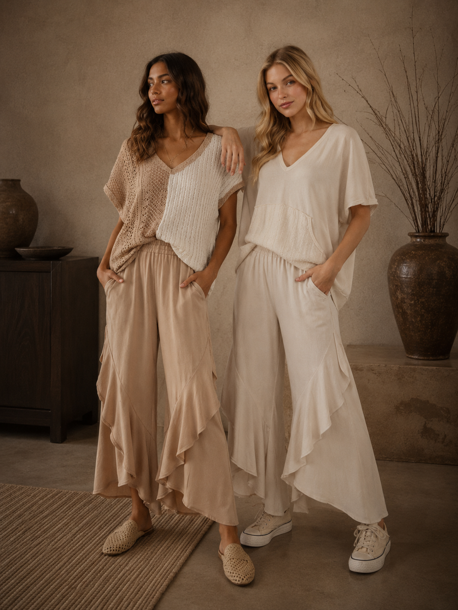 Ruffle Wide Leg Pants | Flowy Mineral Wash Lounge Pants | Krush