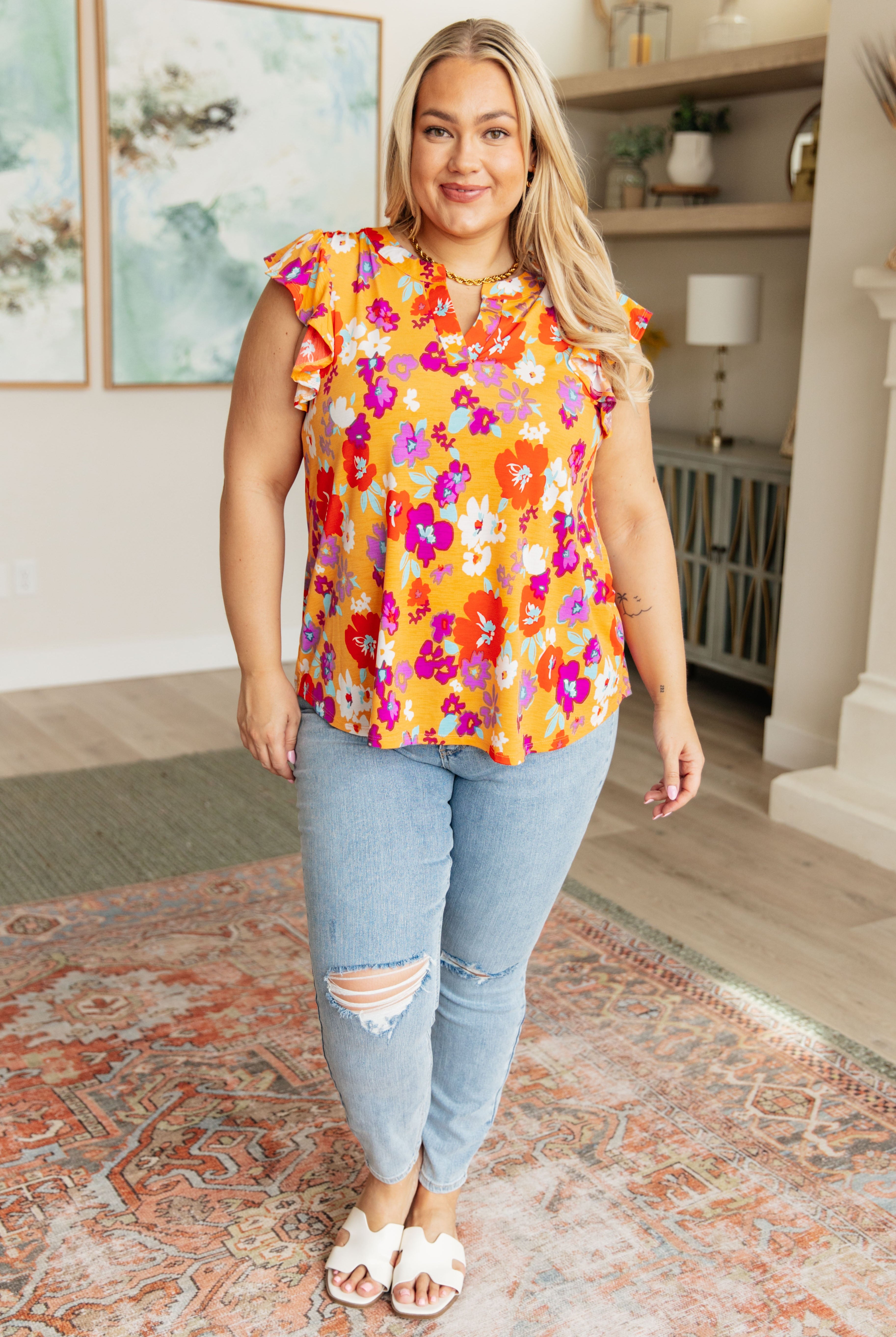 Lizzy Flutter Sleeve Top in Apricot and Red Floral-Short Sleeve Tops-Krush Kandy, Women's Online Fashion Boutique Located in Phoenix, Arizona (Scottsdale Area)