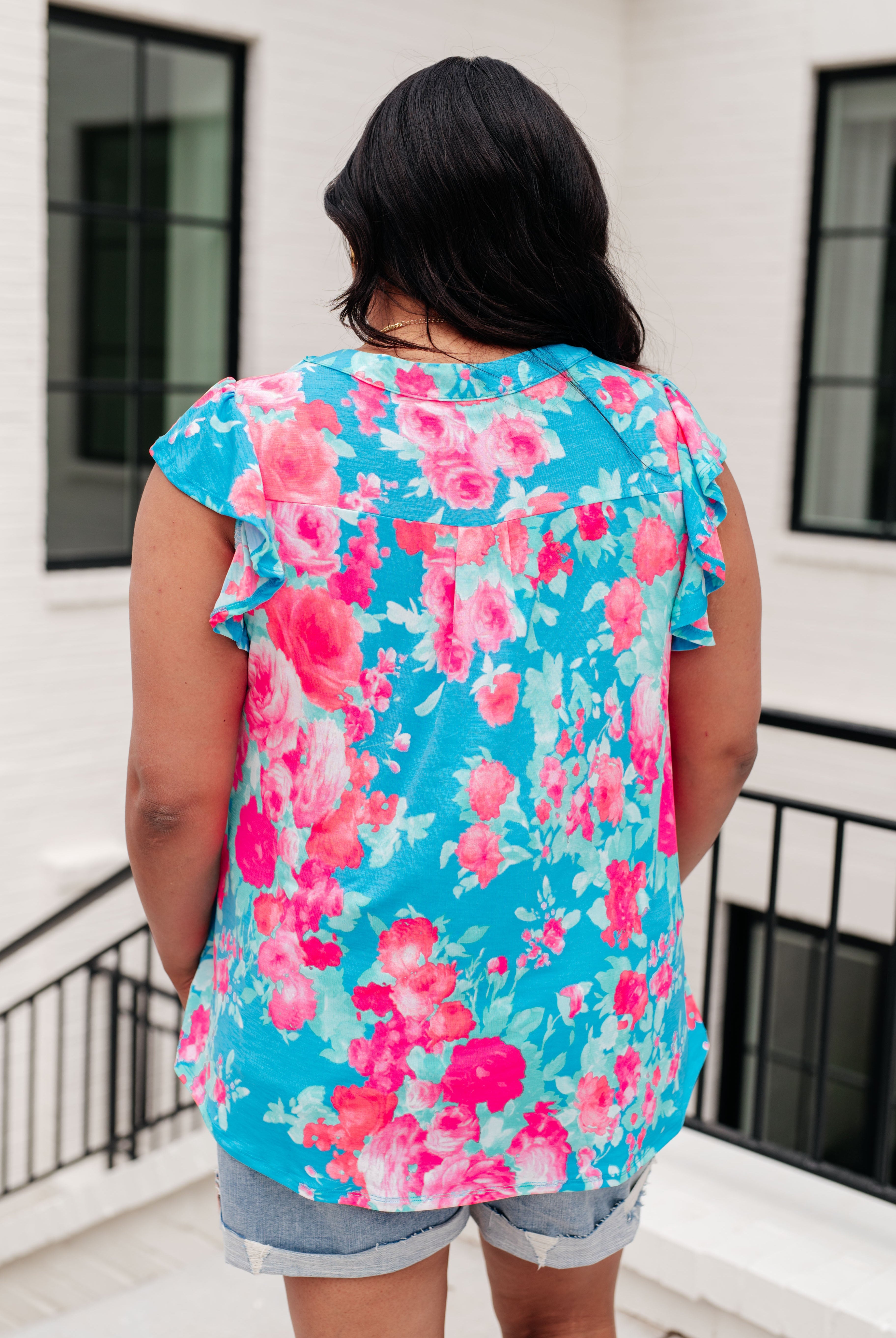 Lizzy Flutter Sleeve Top in Blue and Pink Roses-Short Sleeve Tops-Krush Kandy, Women's Online Fashion Boutique Located in Phoenix, Arizona (Scottsdale Area)