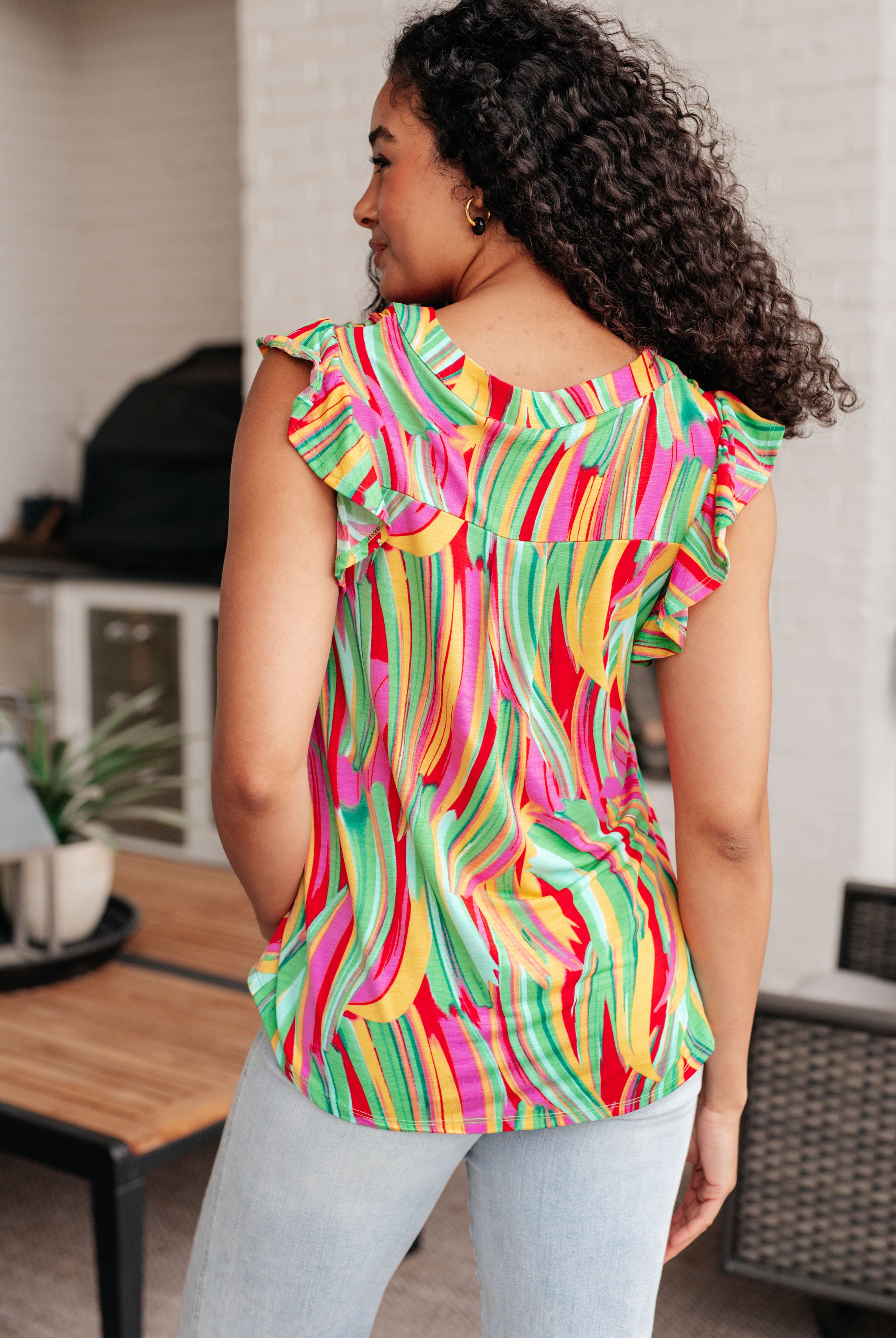 Lizzy Flutter Sleeve Top in Green Multi Abstract Stripe-Short Sleeve Tops-Krush Kandy, Women's Online Fashion Boutique Located in Phoenix, Arizona (Scottsdale Area)
