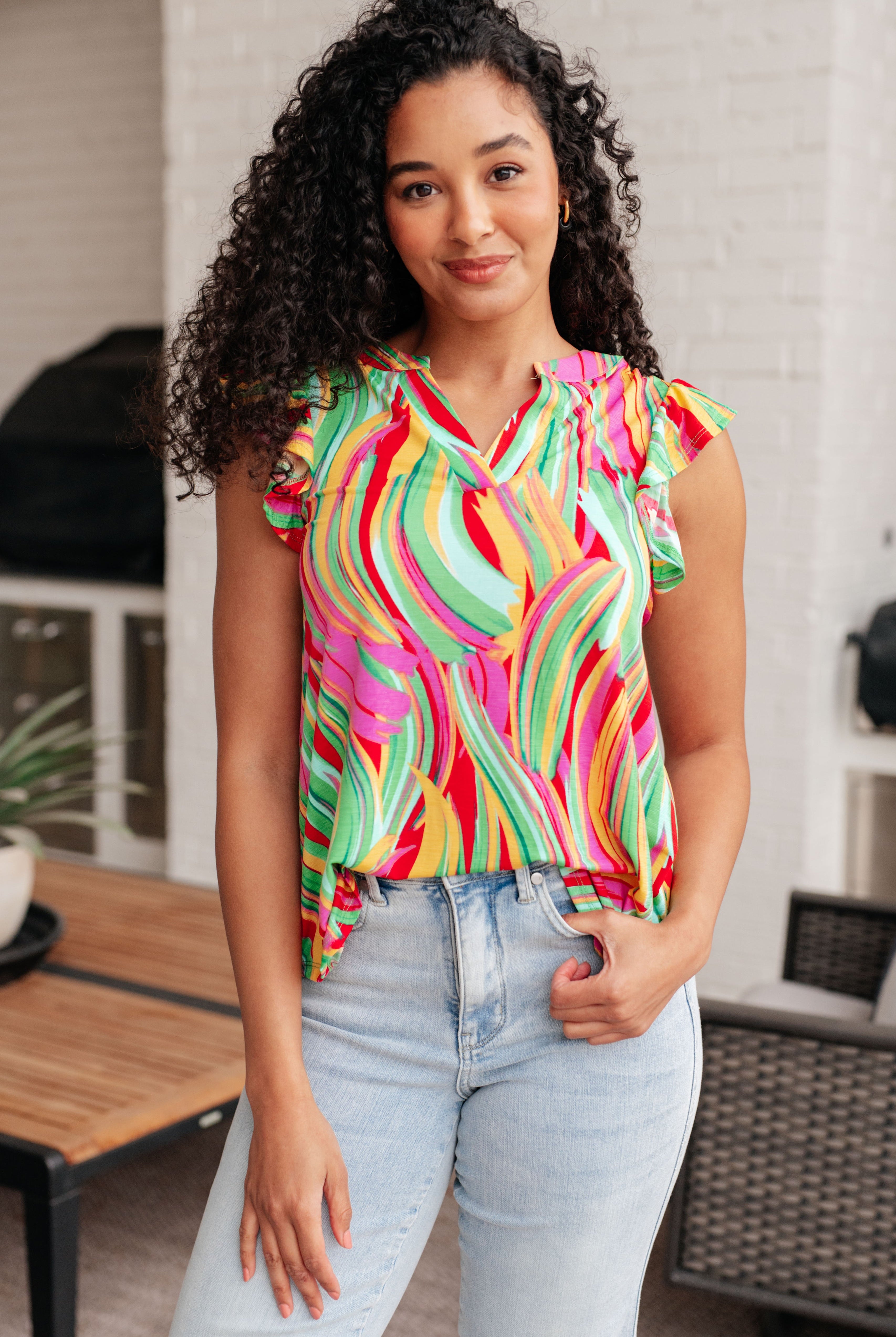 Lizzy Flutter Sleeve Top in Green Multi Abstract Stripe-Short Sleeve Tops-Krush Kandy, Women's Online Fashion Boutique Located in Phoenix, Arizona (Scottsdale Area)