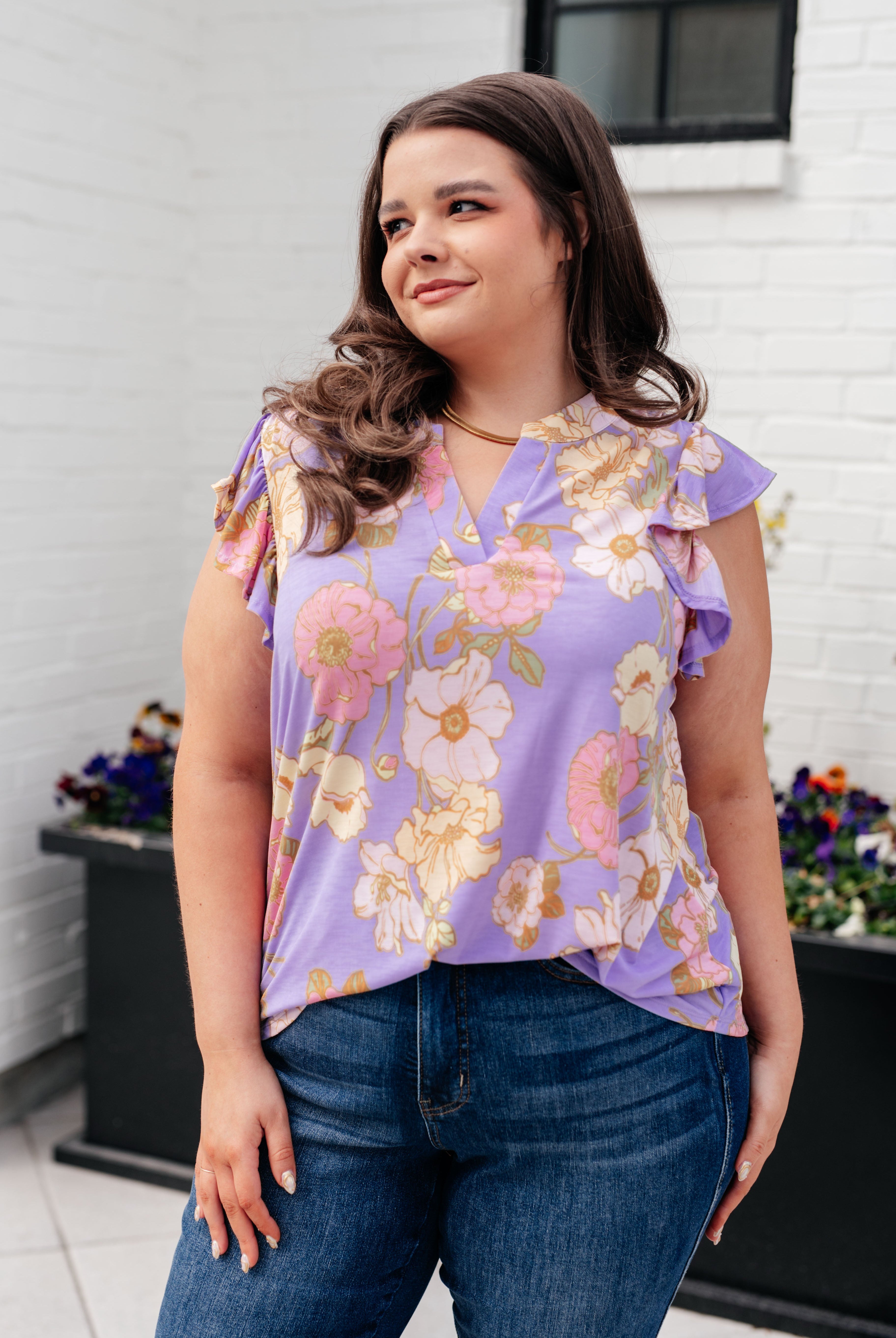Lizzy Flutter Sleeve Top in Lavender French Floral-Short Sleeve Tops-Krush Kandy, Women's Online Fashion Boutique Located in Phoenix, Arizona (Scottsdale Area)