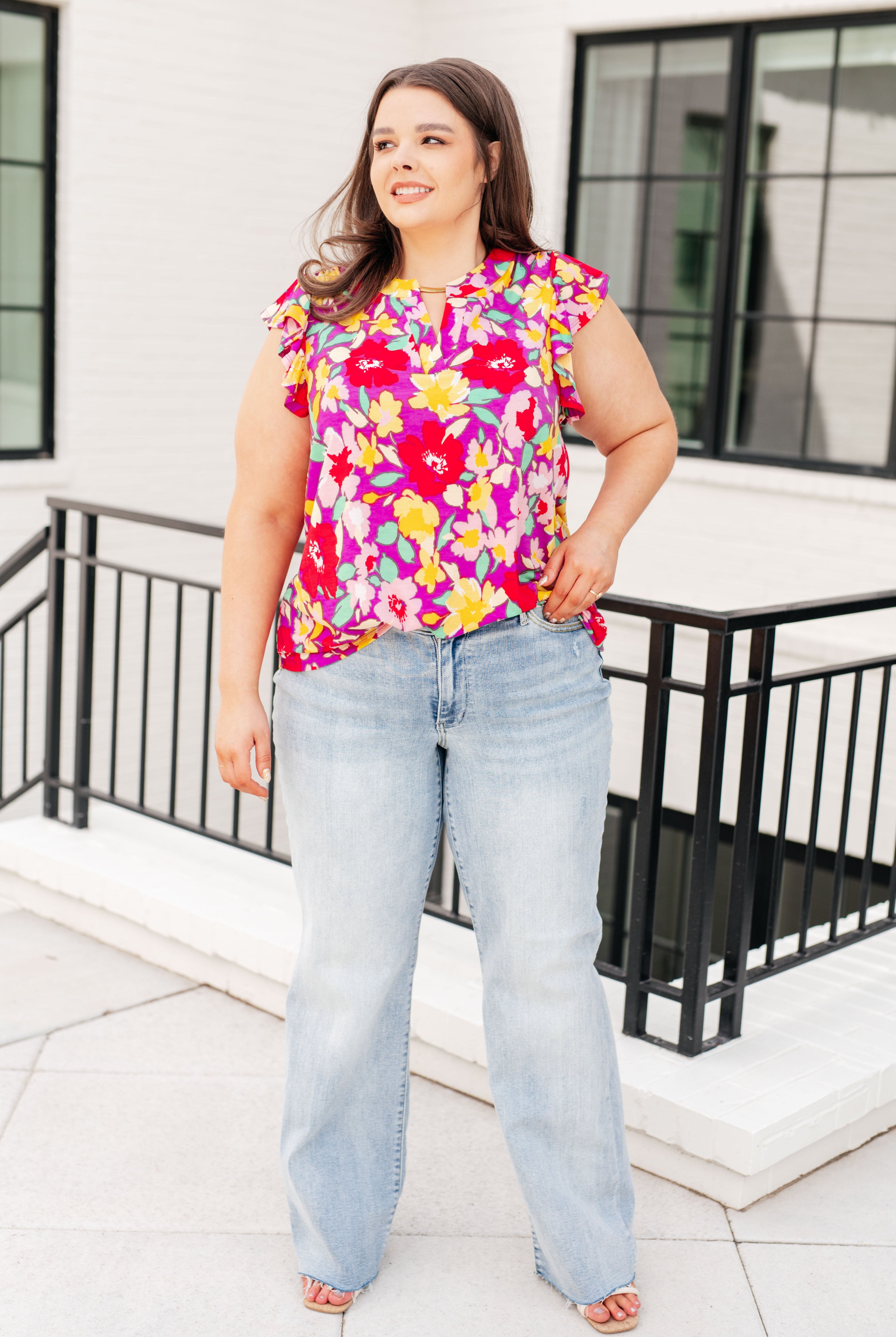 Lizzy Flutter Sleeve Top in Magenta and Yellow Floral-Short Sleeve Tops-Krush Kandy, Women's Online Fashion Boutique Located in Phoenix, Arizona (Scottsdale Area)