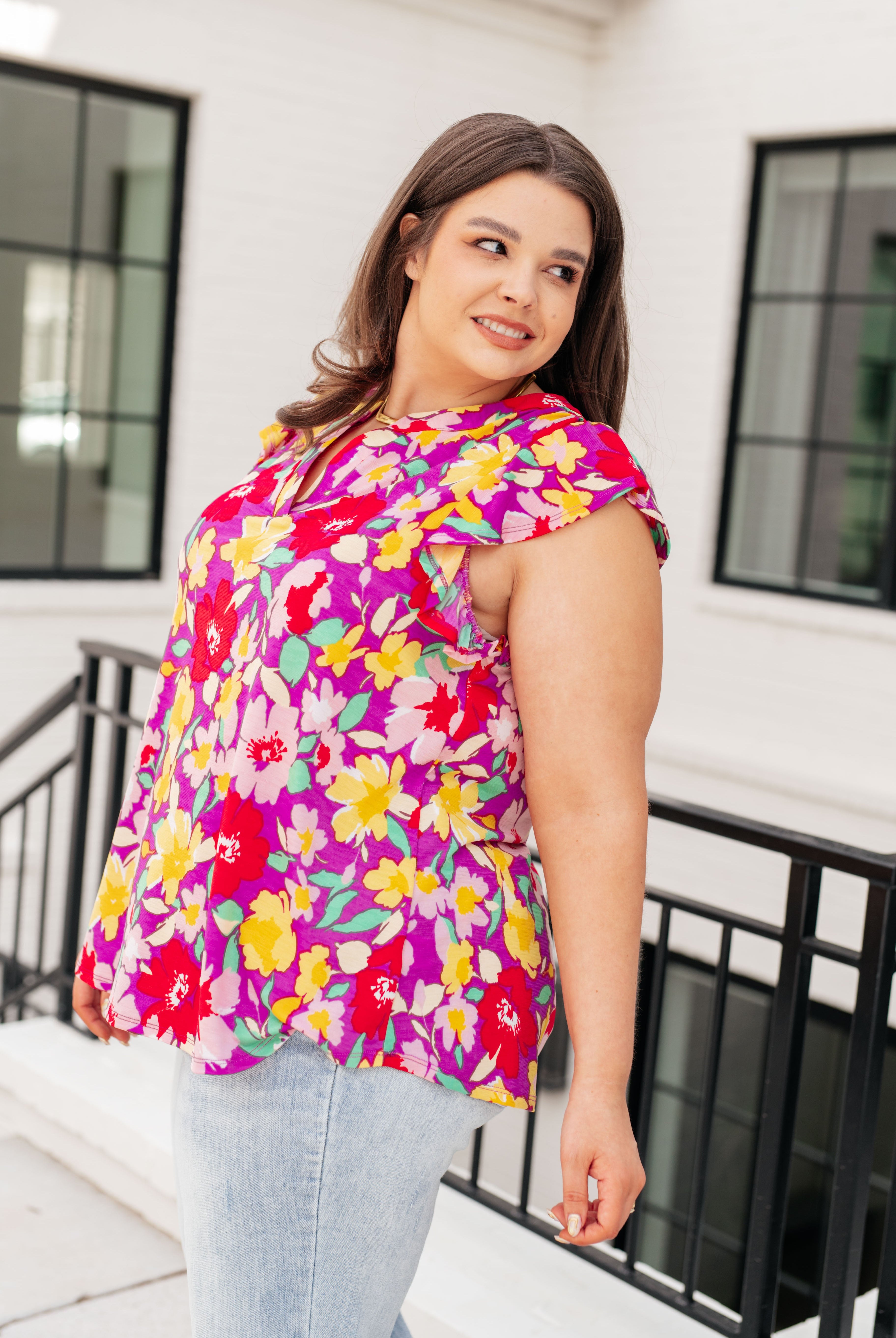 Lizzy Flutter Sleeve Top in Magenta and Yellow Floral-Short Sleeve Tops-Krush Kandy, Women's Online Fashion Boutique Located in Phoenix, Arizona (Scottsdale Area)