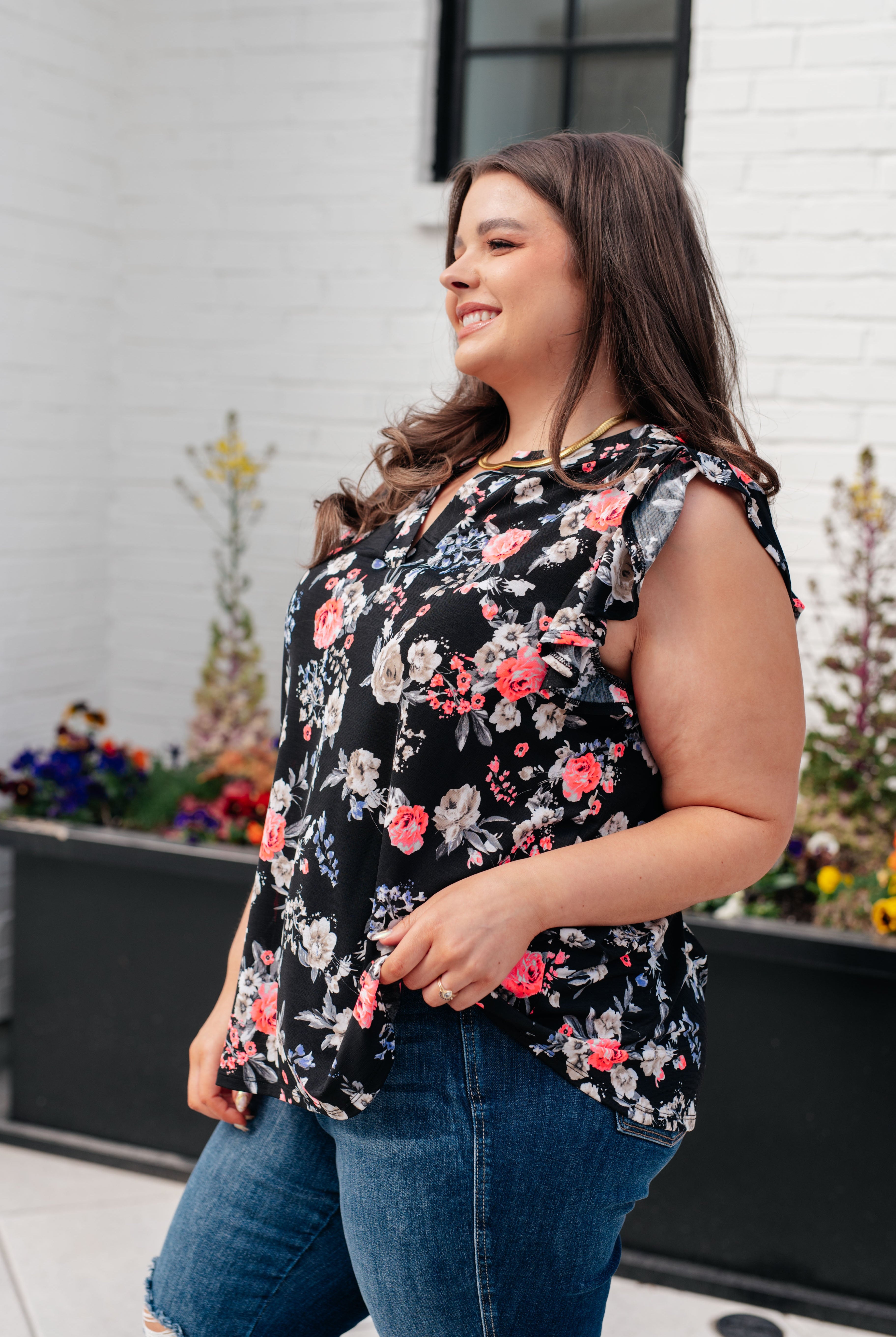 Lizzy Flutter Sleeve Top in Black and Muted Pink Floral-Short Sleeve Tops-Krush Kandy, Women's Online Fashion Boutique Located in Phoenix, Arizona (Scottsdale Area)