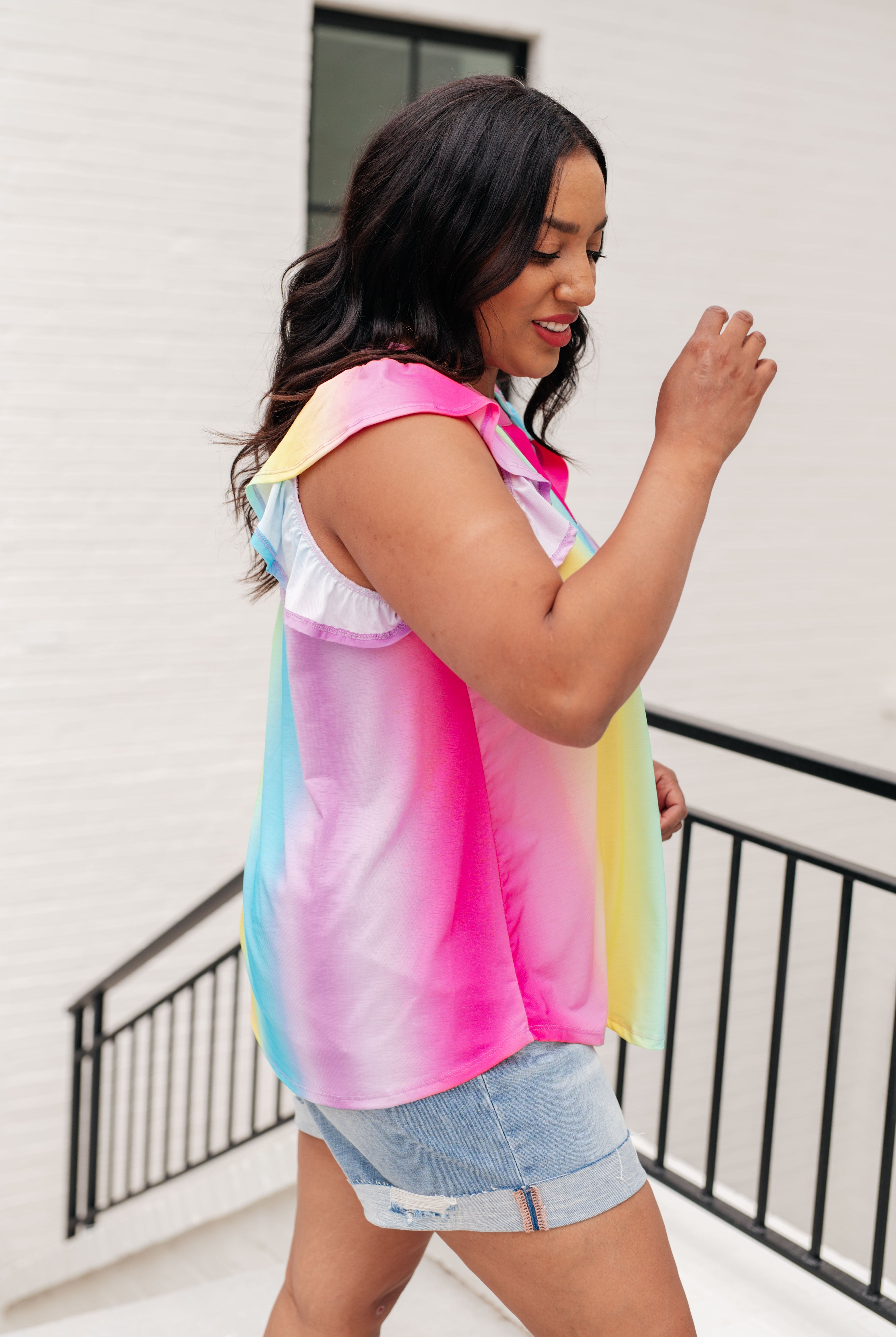Lizzy Flutter Sleeve Top in Ombre Rainbow-Short Sleeve Tops-Krush Kandy, Women's Online Fashion Boutique Located in Phoenix, Arizona (Scottsdale Area)