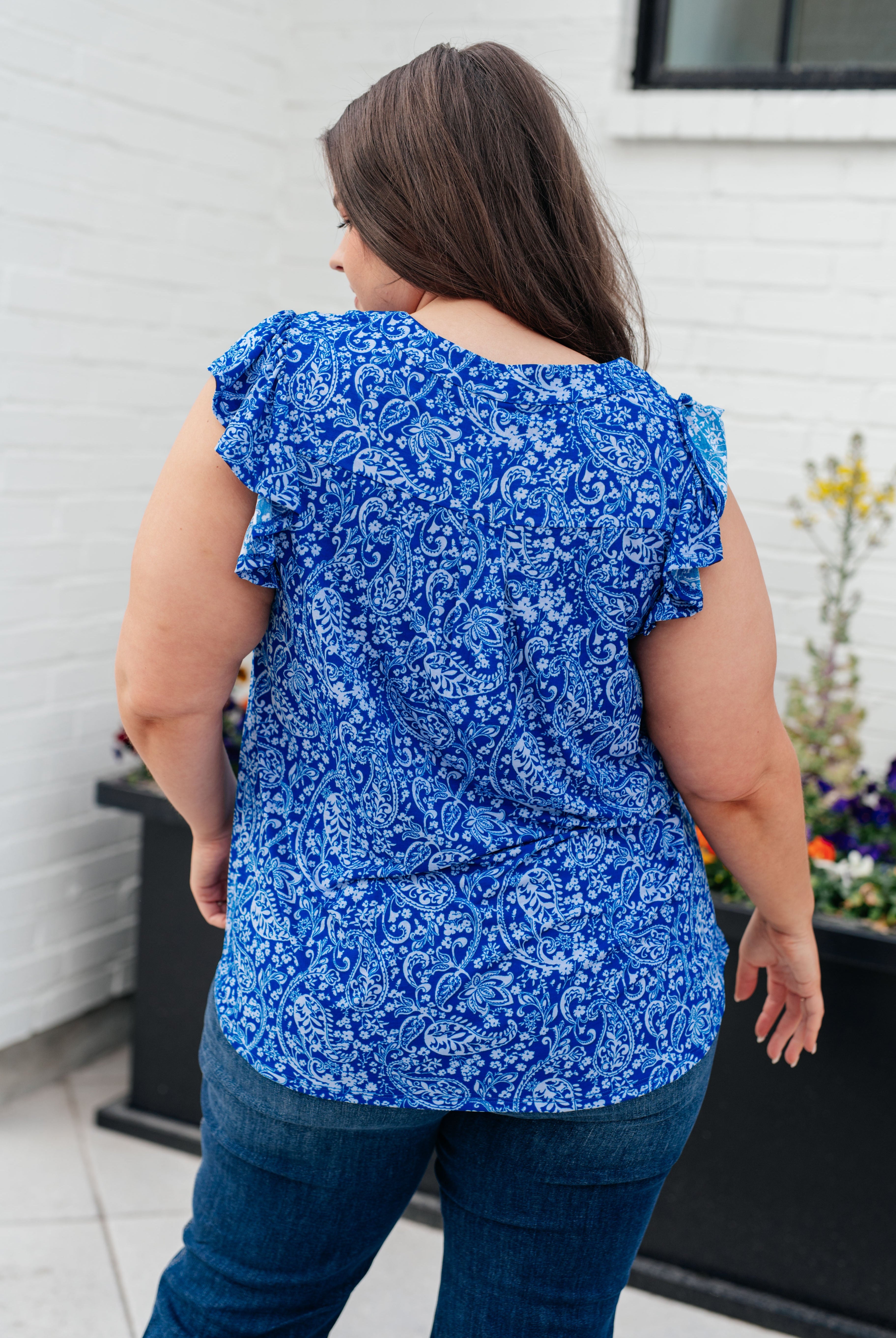 Lizzy Flutter Sleeve Top in Royal Blue and White Floral-Short Sleeve Tops-Krush Kandy, Women's Online Fashion Boutique Located in Phoenix, Arizona (Scottsdale Area)