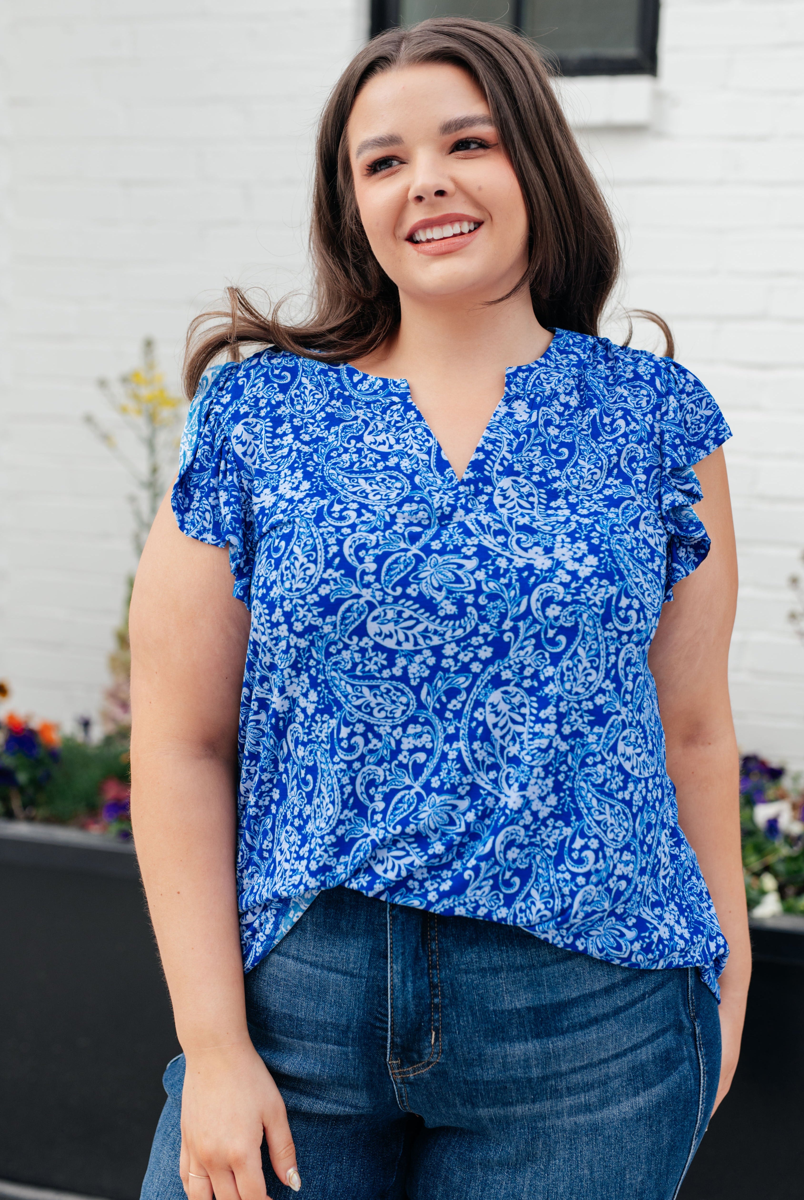 Lizzy Flutter Sleeve Top in Royal Blue and White Floral-Short Sleeve Tops-Krush Kandy, Women's Online Fashion Boutique Located in Phoenix, Arizona (Scottsdale Area)