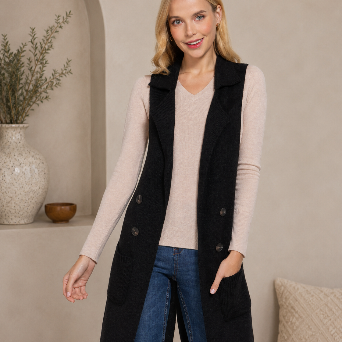Long Sleeveless Notched Collar Sweater Vest