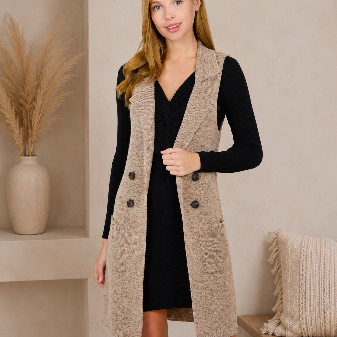 Long Sleeveless Notched Collar Sweater Vest