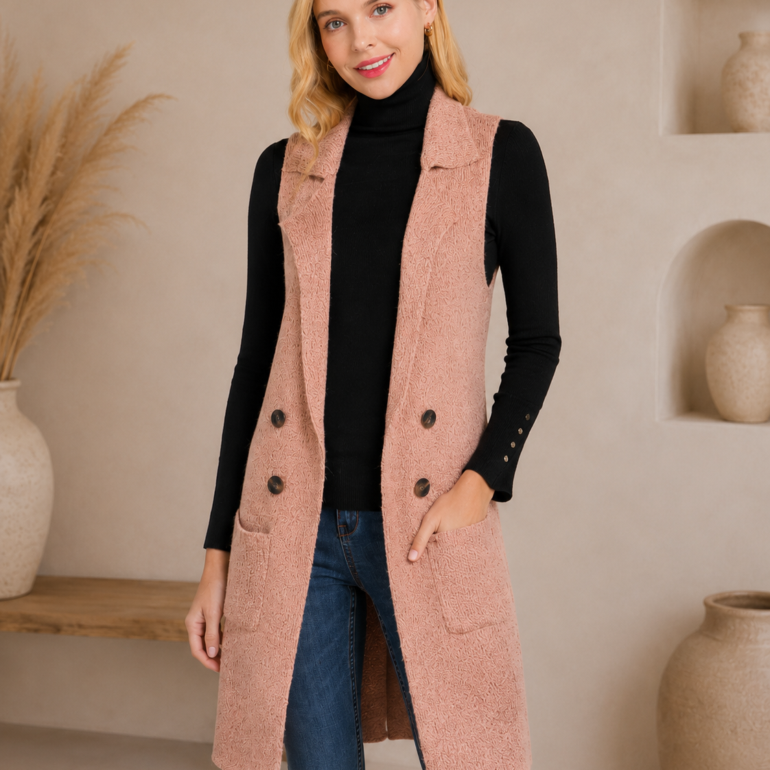 Long Sleeveless Notched Collar Sweater Vest