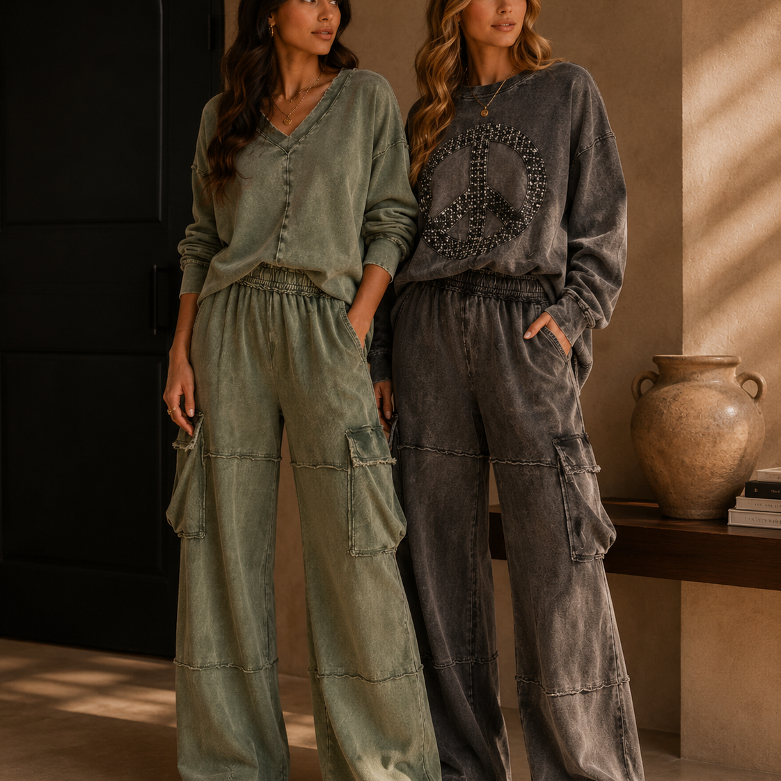 Mineral Wash Wide leg pants with Cargo Pockets