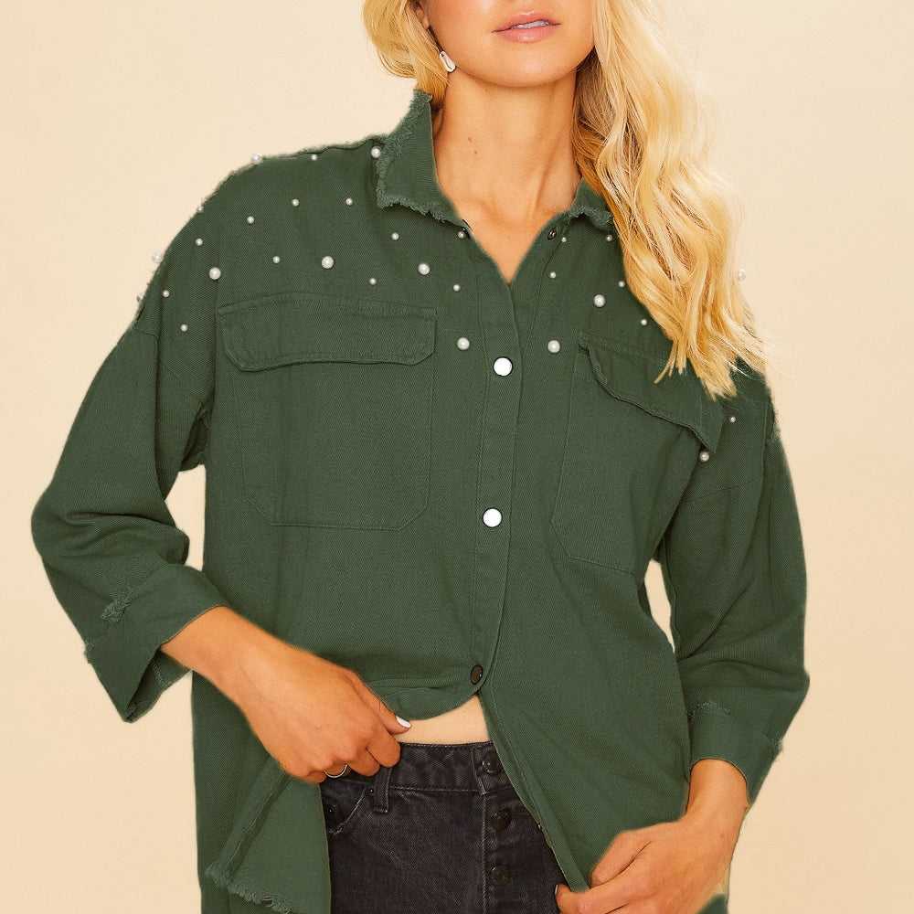 POL Pearl Detail Button Down Cotton Shirt Jacket-Long Sleeve Tops-Krush Kandy, Women's Online Fashion Boutique Located in Phoenix, Arizona (Scottsdale Area)