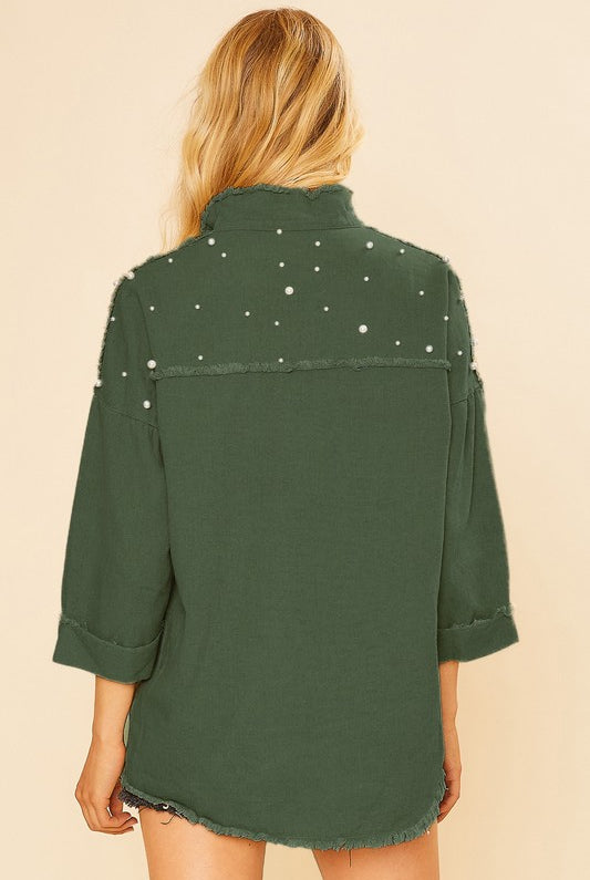POL Pearl Detail Button Down Cotton Shirt Jacket-Long Sleeve Tops-Krush Kandy, Women's Online Fashion Boutique Located in Phoenix, Arizona (Scottsdale Area)