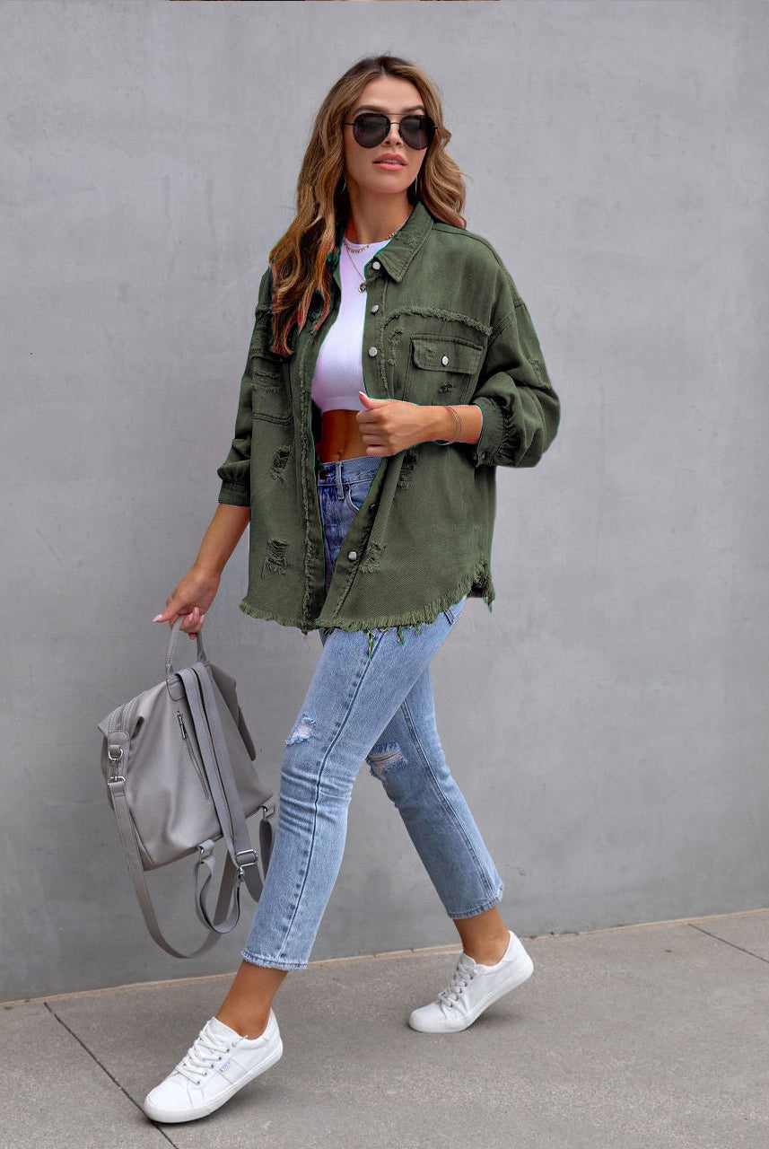 Frayed Denim Pocket Shirt Jacket-Jackets-Krush Kandy, Women's Online Fashion Boutique Located in Phoenix, Arizona (Scottsdale Area)