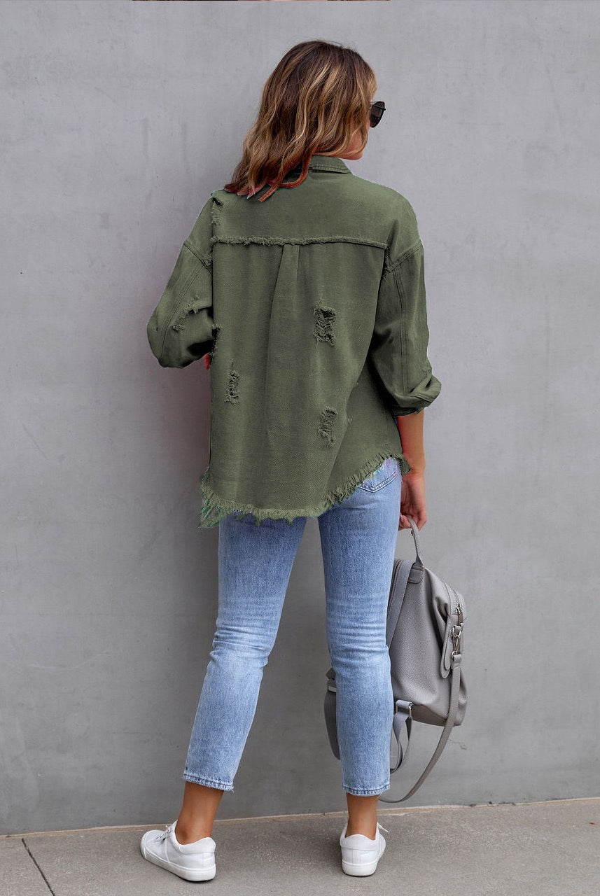 Frayed Denim Pocket Shirt Jacket-Jackets-Krush Kandy, Women's Online Fashion Boutique Located in Phoenix, Arizona (Scottsdale Area)