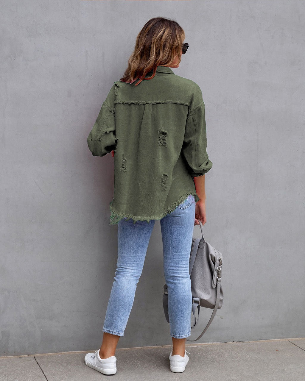 Frayed Denim Pocket Shirt Jacket-Jackets-Krush Kandy, Women's Online Fashion Boutique Located in Phoenix, Arizona (Scottsdale Area)