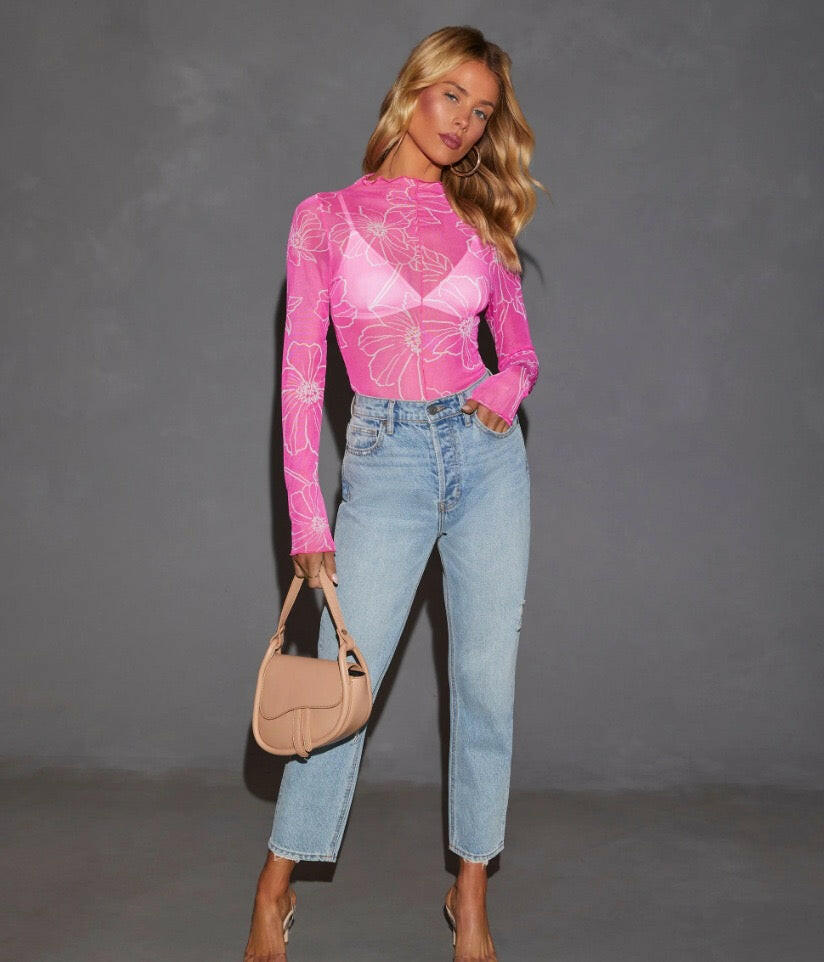 Delicate Floral Mesh Long Sleeve Top-Long Sleeve Tops-Krush Kandy, Women's Online Fashion Boutique Located in Phoenix, Arizona (Scottsdale Area)