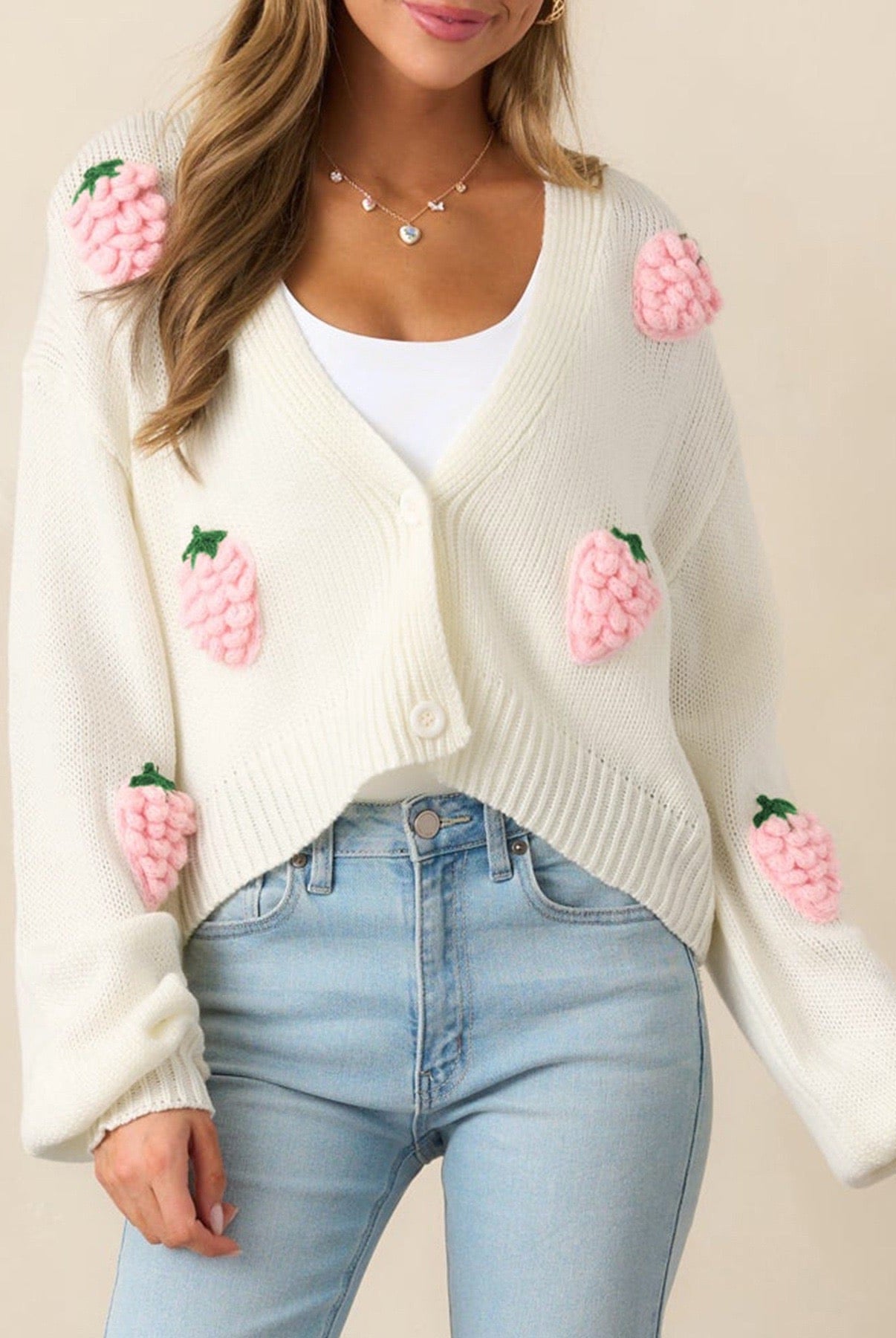 Pink Strawberry Knit Cardigan-Cardigans-Krush Kandy, Women's Online Fashion Boutique Located in Phoenix, Arizona (Scottsdale Area)