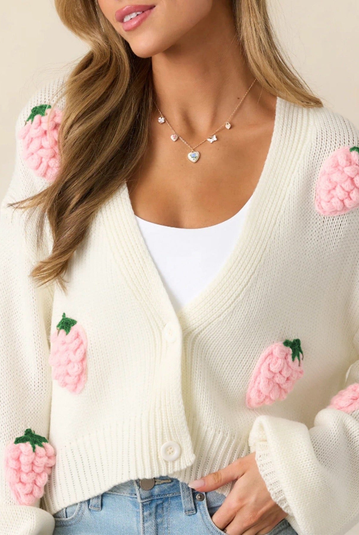 Pink Strawberry Knit Cardigan-Cardigans-Krush Kandy, Women's Online Fashion Boutique Located in Phoenix, Arizona (Scottsdale Area)
