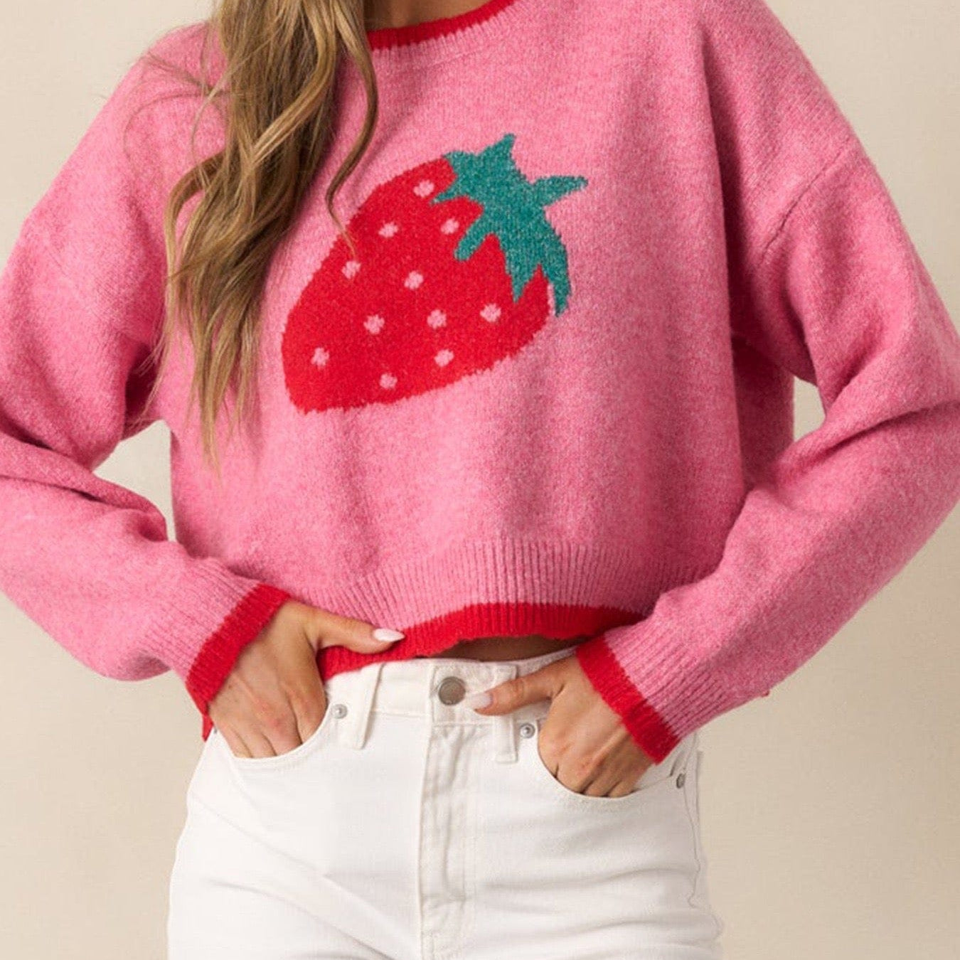 Strawberry Bliss Contrast Sweater-Sweaters-Krush Kandy, Women's Online Fashion Boutique Located in Phoenix, Arizona (Scottsdale Area)