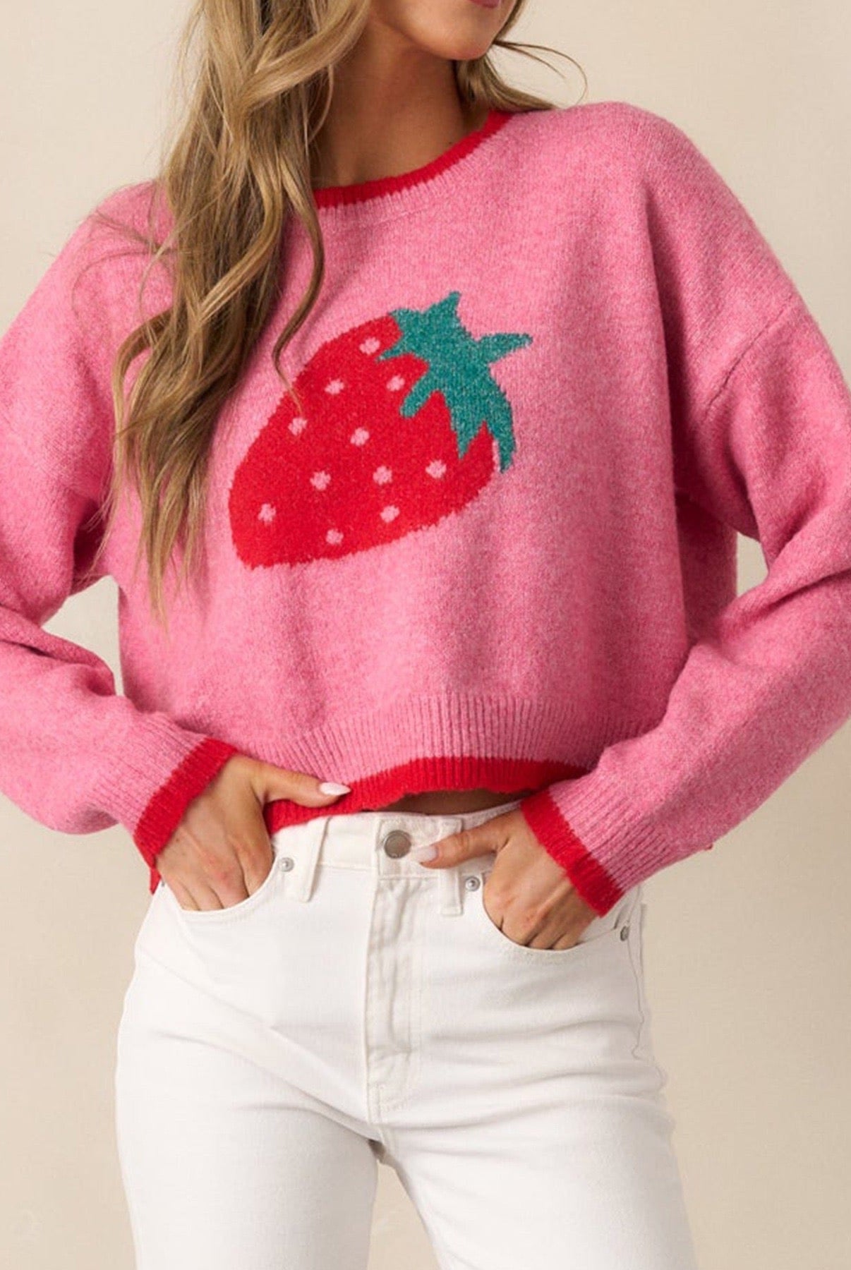 Strawberry Bliss Contrast Sweater-Sweaters-Krush Kandy, Women's Online Fashion Boutique Located in Phoenix, Arizona (Scottsdale Area)