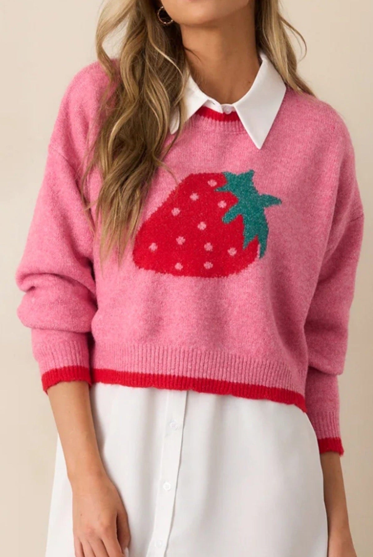 Strawberry Bliss Contrast Sweater-Sweaters-Krush Kandy, Women's Online Fashion Boutique Located in Phoenix, Arizona (Scottsdale Area)