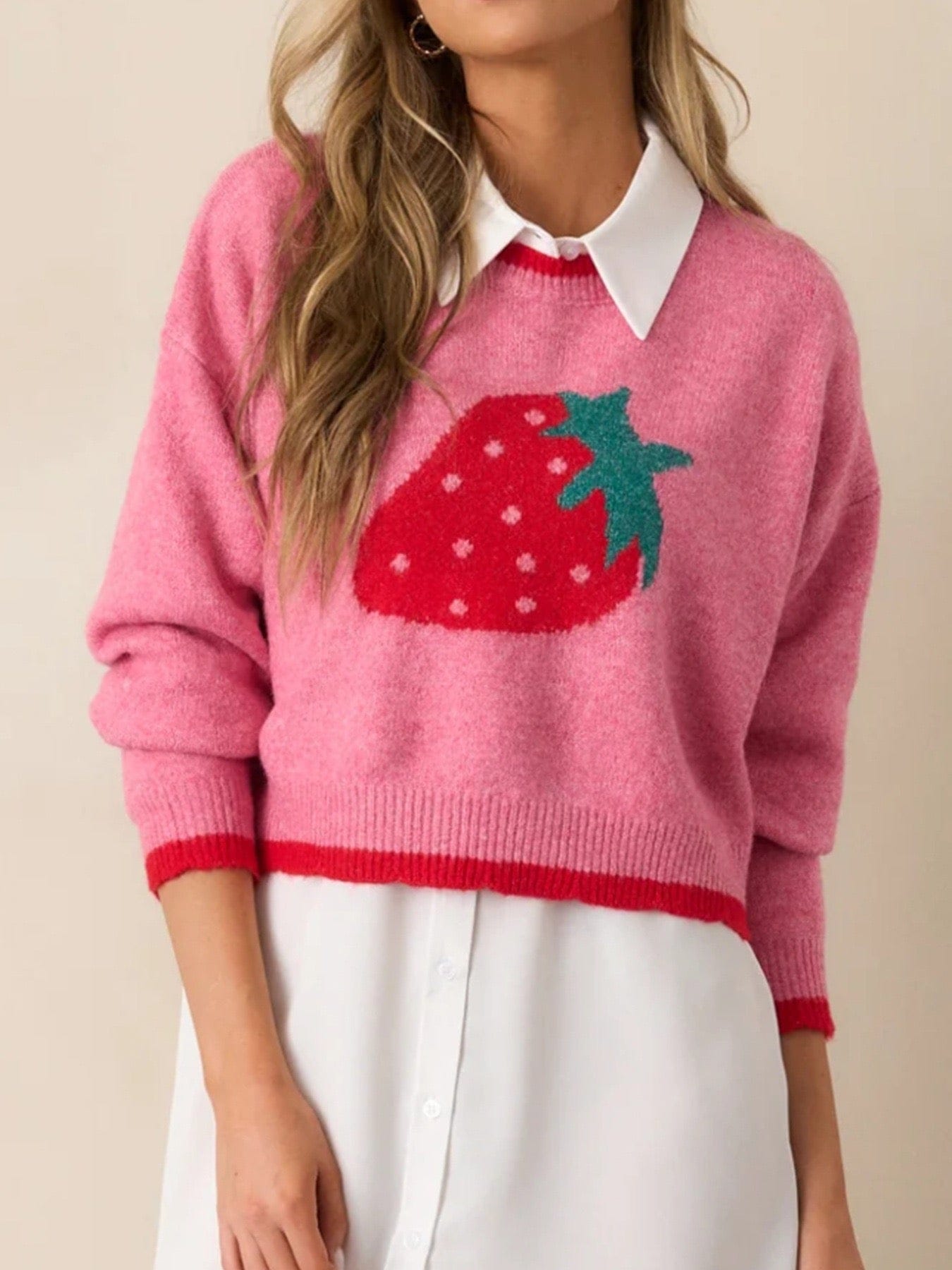 Strawberry Bliss Contrast Sweater-Sweaters-Krush Kandy, Women's Online Fashion Boutique Located in Phoenix, Arizona (Scottsdale Area)