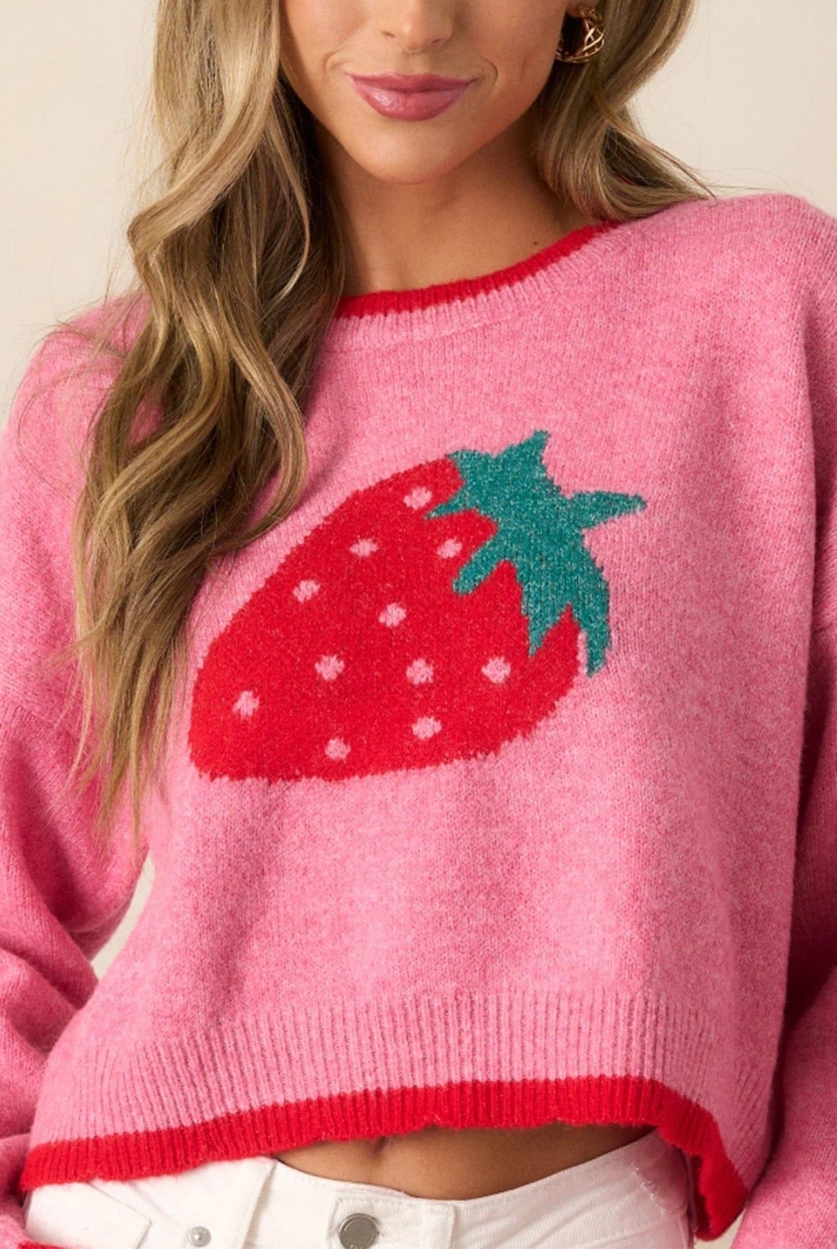 Strawberry Bliss Contrast Sweater-Sweaters-Krush Kandy, Women's Online Fashion Boutique Located in Phoenix, Arizona (Scottsdale Area)