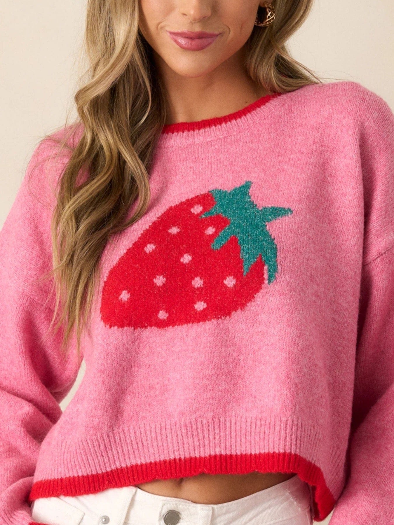 Strawberry Bliss Contrast Sweater-Sweaters-Krush Kandy, Women's Online Fashion Boutique Located in Phoenix, Arizona (Scottsdale Area)
