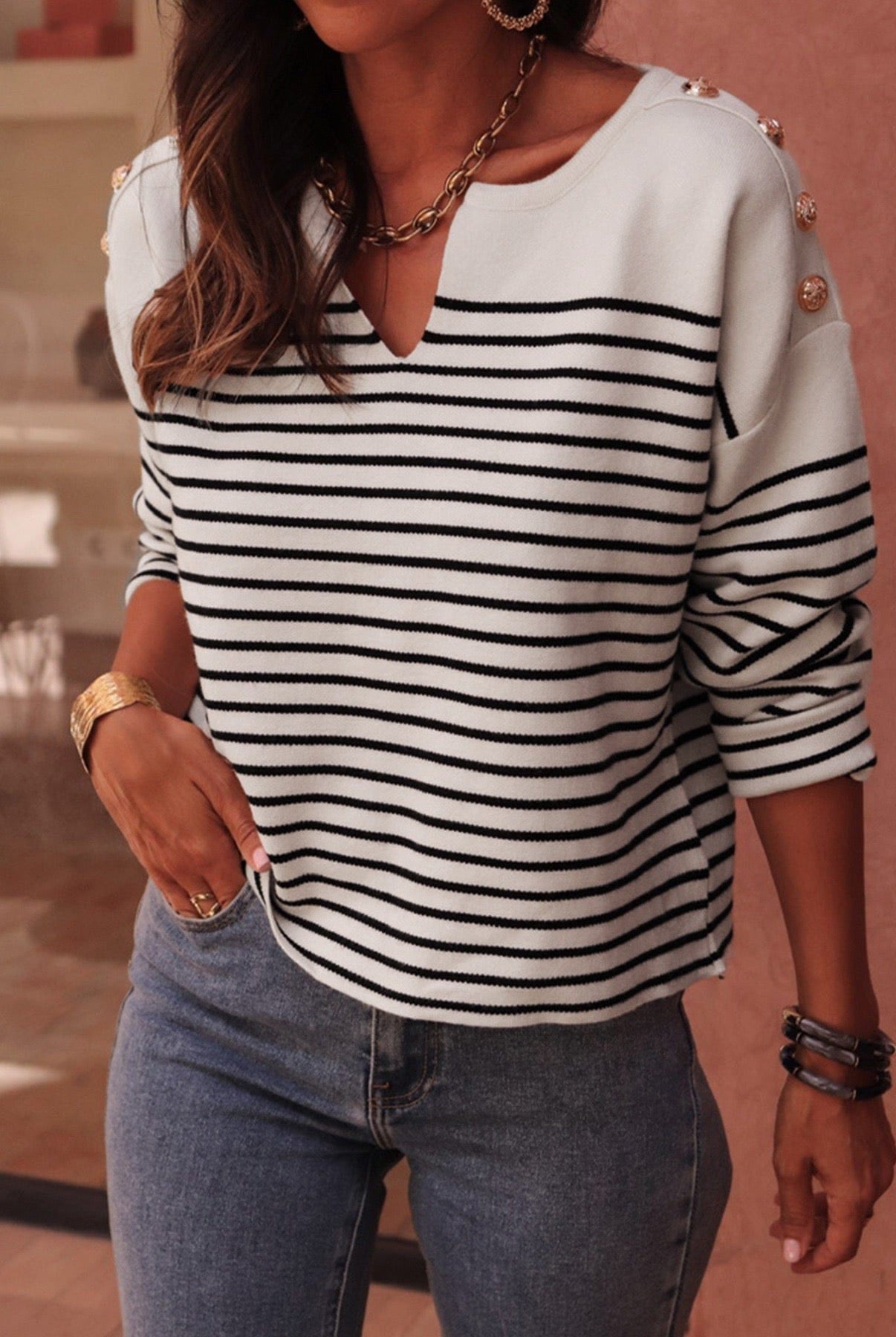 Warm Wishes Stripe V-Neck Long Sleeve Sweater-Sweaters-Krush Kandy, Women's Online Fashion Boutique Located in Phoenix, Arizona (Scottsdale Area)