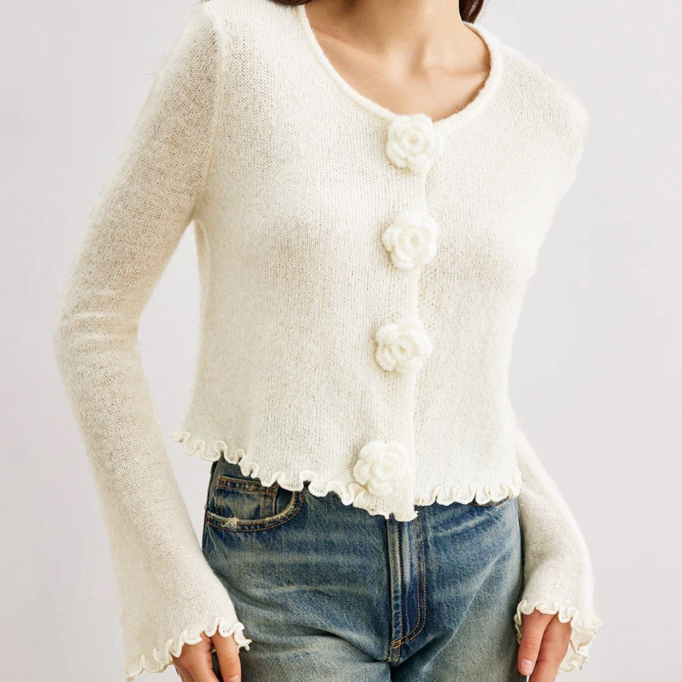 Cute As A Button Rose Ruffle Cardigan-Cardigans-Krush Kandy, Women's Online Fashion Boutique Located in Phoenix, Arizona (Scottsdale Area)