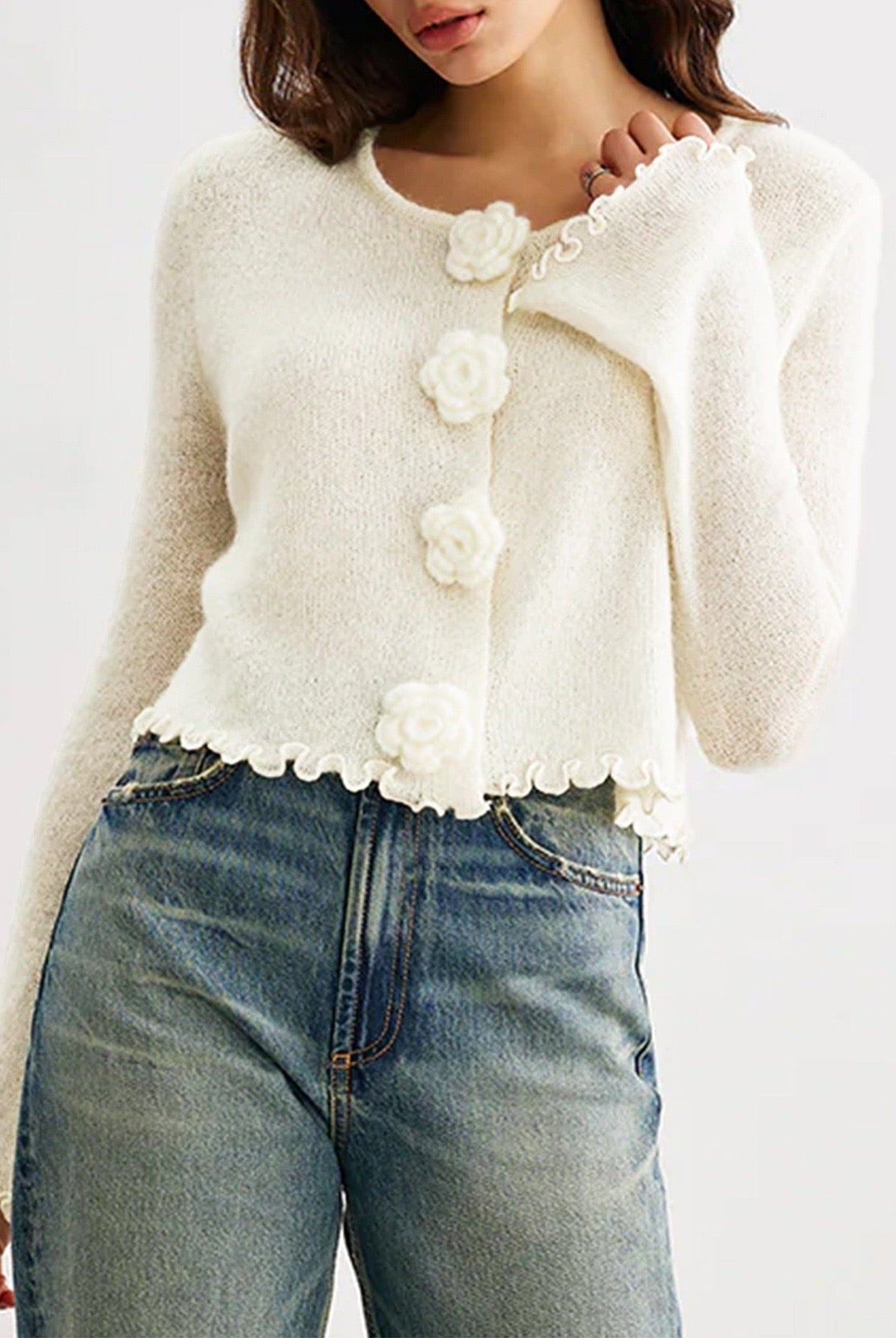 Cute As A Button Rose Ruffle Cardigan-Cardigans-Krush Kandy, Women's Online Fashion Boutique Located in Phoenix, Arizona (Scottsdale Area)