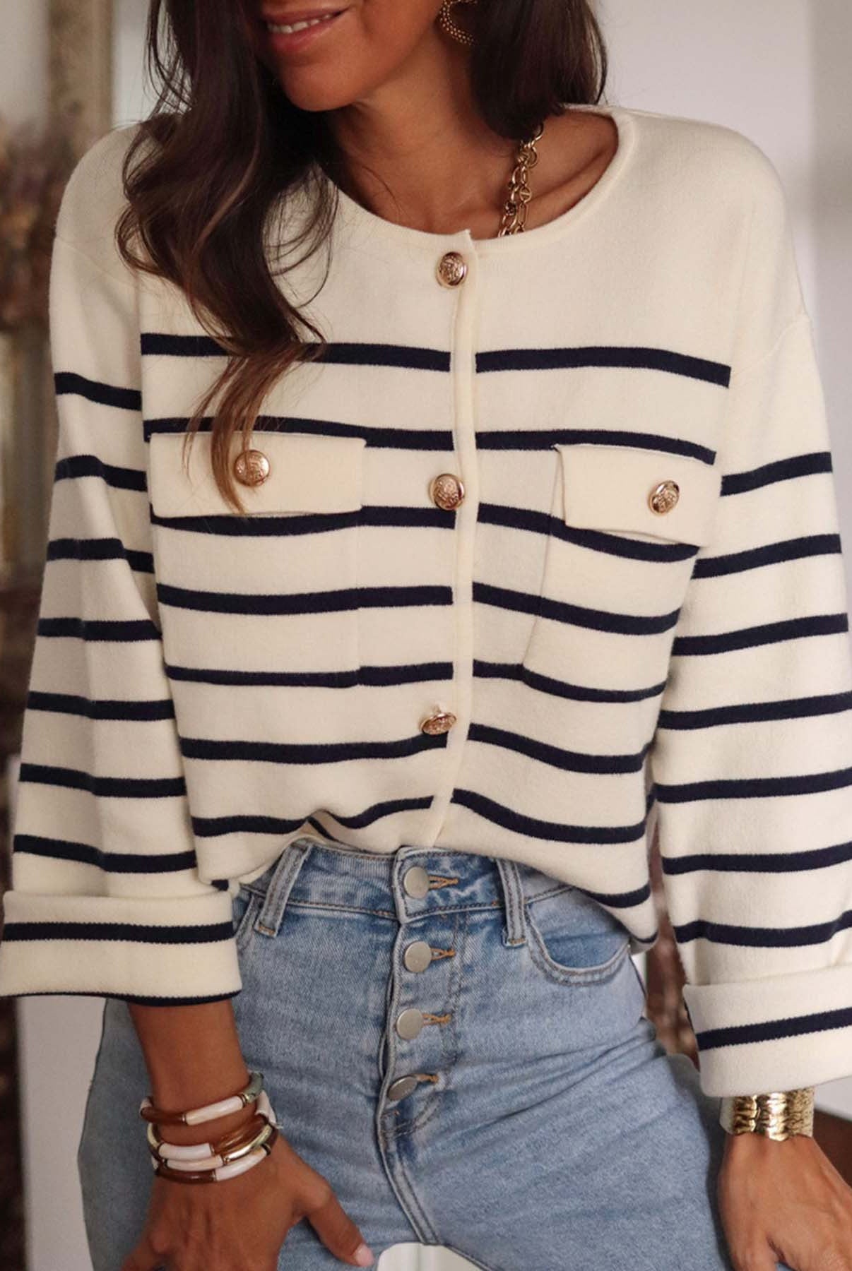 Luxurious Stripe Button Cardigan-Cardigan-Krush Kandy, Women's Online Fashion Boutique Located in Phoenix, Arizona (Scottsdale Area)