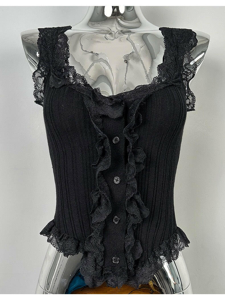 Ruffle Lace Ribbed Button Tank-Tops-Krush Kandy, Women's Online Fashion Boutique Located in Phoenix, Arizona (Scottsdale Area)