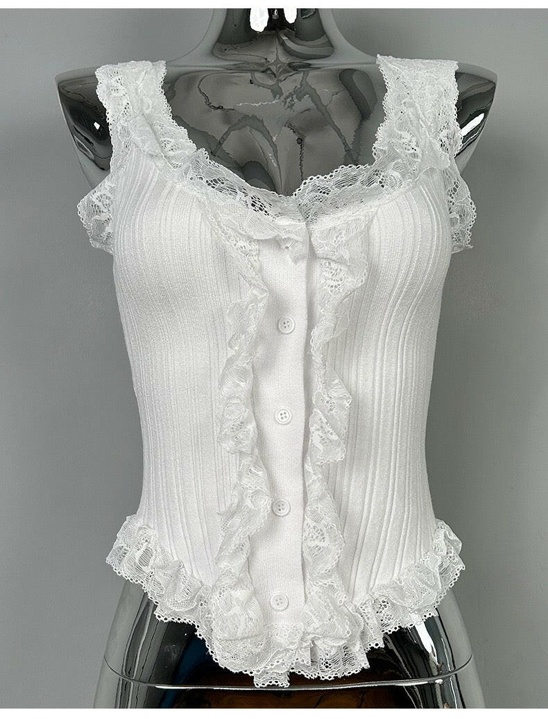 Ruffle Lace Ribbed Button Tank-Tops-Krush Kandy, Women's Online Fashion Boutique Located in Phoenix, Arizona (Scottsdale Area)