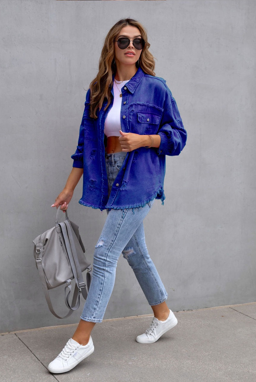 Frayed Denim Pocket Shirt Jacket-Jackets-Krush Kandy, Women's Online Fashion Boutique Located in Phoenix, Arizona (Scottsdale Area)