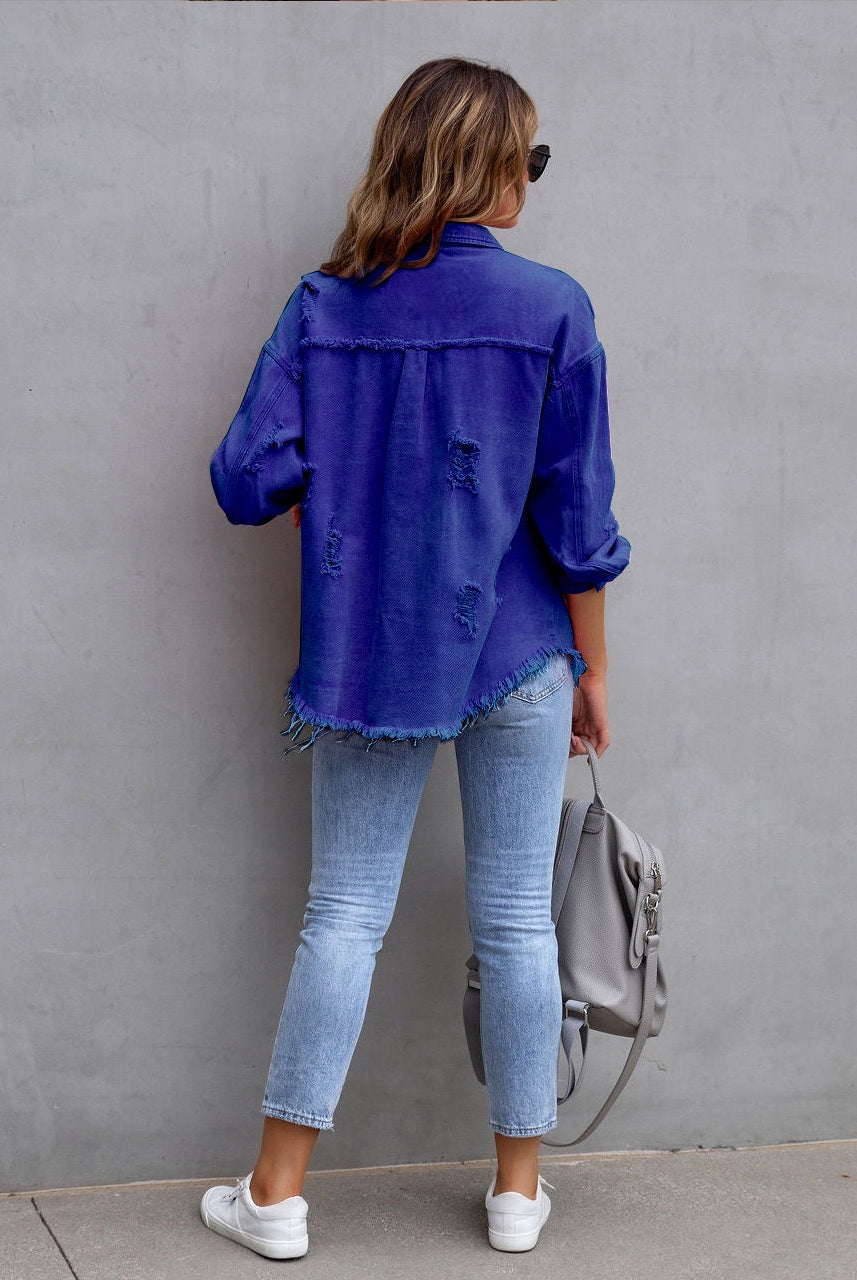 Frayed Denim Pocket Shirt Jacket-Jackets-Krush Kandy, Women's Online Fashion Boutique Located in Phoenix, Arizona (Scottsdale Area)