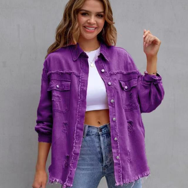 Frayed Denim Pocket Shirt Jacket-Jackets-Krush Kandy, Women's Online Fashion Boutique Located in Phoenix, Arizona (Scottsdale Area)