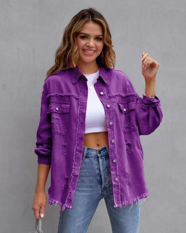 Frayed Denim Pocket Shirt Jacket-Jackets-Krush Kandy, Women's Online Fashion Boutique Located in Phoenix, Arizona (Scottsdale Area)